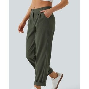 Halara Womens Olive Green Corduroy Pleated High Waisted Relaxed Straight Pants
